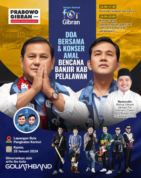 Kabar baik bagi masyarakat kabupaten Pelalawan Kamis, Jarnas For Gibran Gelar Doa Bersama dan Konser Amal untuk Korban Banjir di Pelalawan
