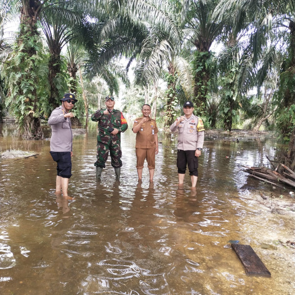 Kapolsubsektor Pelalawan Iptu Legito bersama pemerintahan Kelurahan Pelalawan cek akibat kenaikan debit air sungai Kampar yang berada di wilayah kelurahan Pelalawan.