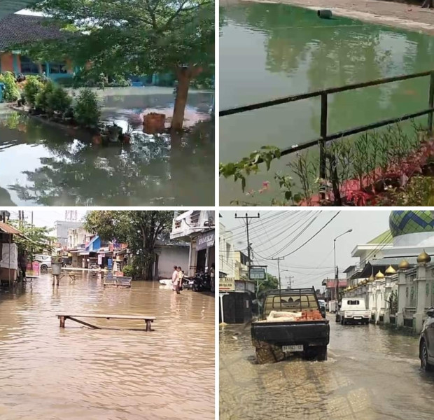 Akibat curah hujan yang tinggi,halaman sekolah SMPN 1 pangkalan kerinci banjir,untung Sabtu dan Minggu tidak sekolah.