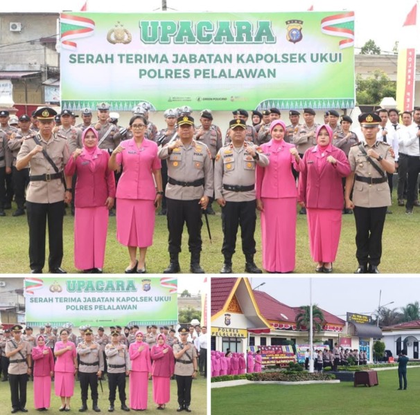 Kapolres Pelalawan AKBP John Lousi Letedara SIK,melaksakan upacara serah terima jabatan Kapolsek Ukui