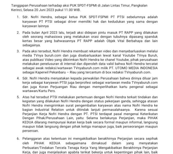 Tanggapan Perusahaan terhadap aksi PUK SPDT-FSPMI di Jalan Lintas Timur, Pangkalan Kerinci, Selasa 20 Juni 2023