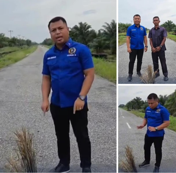 Anggota DPRD kabupaten Pelalawan Asnol,tinjau lansung jalan rusak berlobang di kelurahan Pelalawan provinsi Riau.