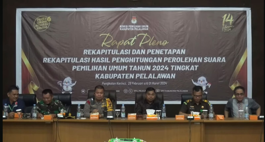 Rapat Pleno Rekapitulasi Hasil Rekapitulasi Perhitungan Perolehan Suara Pemilu 2024 Tingkat Kabupaten Pelalawan