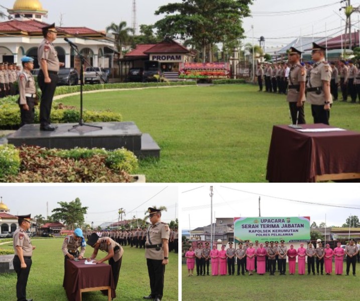 Kapolres Pelalawan gelar serah terima jabatan Ipda Muhammad Ali Sidiq S.PSl digantikan Iptu Budi Santoso menjadi Kapolsek Kerumutan