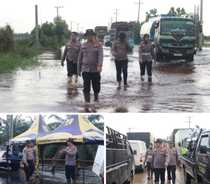 Pastikan Distribusi Barang dan Jasa Berjalan Lancar Kapolres Pelalawan Siagakan Personil di Lokasi Banjir.