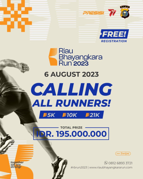 Polda Riau menggelar event olahraga Riau Bhayangkara Run, pada 6 Agustus 2023 mendatang di Pekanbaru.