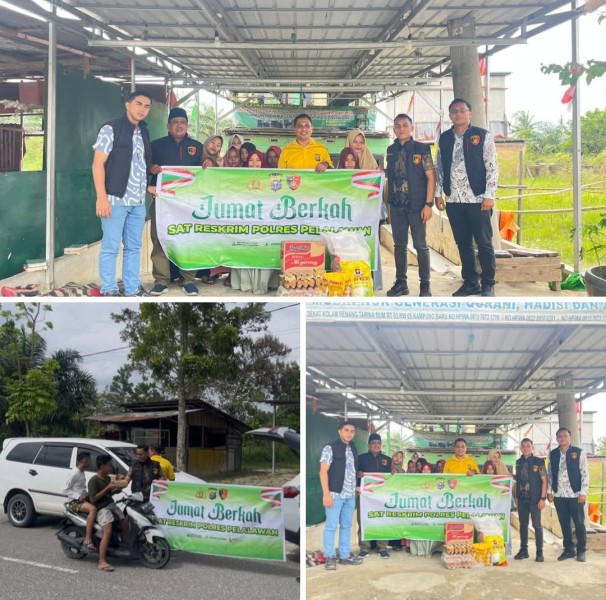 Satreskrim Polres Pelalawan menyalurkan bantuan Paket Sembako Jumat Berkah berupa nasi kotak, minyak goreng, telur, dan beras ,